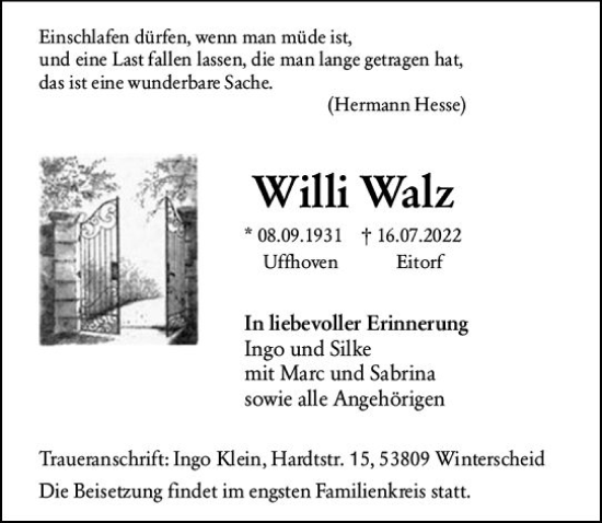 Traueranzeige von Willi Walz von vrm-trauer Allgemeine Zeitung Alzey