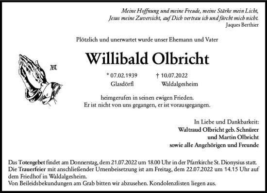Traueranzeige von Willibald Olbricht von vrm-trauer Allgemeine  Zeitung Ingelheim-Bingen