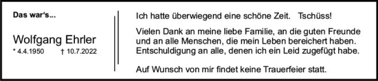 Traueranzeige von Wolfgang Ehrler von vrm-trauer Allgemeine  Zeitung Ingelheim-Bingen