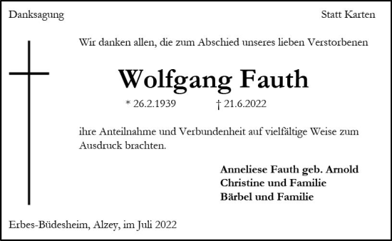 Traueranzeige von Wolfgang Fauth von vrm-trauer Allgemeine Zeitung Alzey