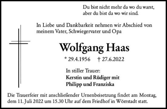 Traueranzeige von Wolfgang Haas von vrm-trauer Allgemeine Zeitung Alzey