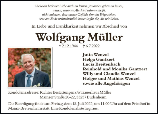 Traueranzeige von Wolfgang Müller von vrm-trauer AZ Mainz