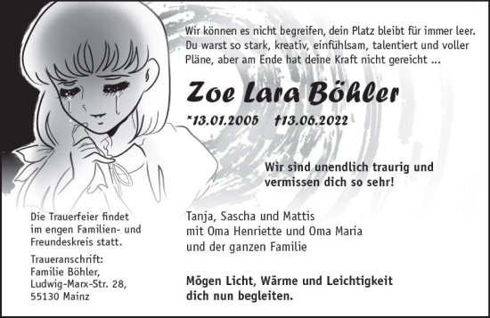 Traueranzeige von Zoe Lara Böhler von vrm-trauer AZ Mainz