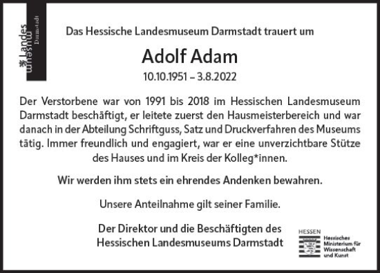 Traueranzeige von Adolf Adam von vrm-trauer Darmstädter Echo