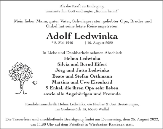 Traueranzeige von Adolf Ledwinka von vrm-trauer Wiesbadener Kurier
