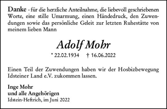 Traueranzeige von Adolf Mohr von vrm-trauer Idsteiner Zeitung