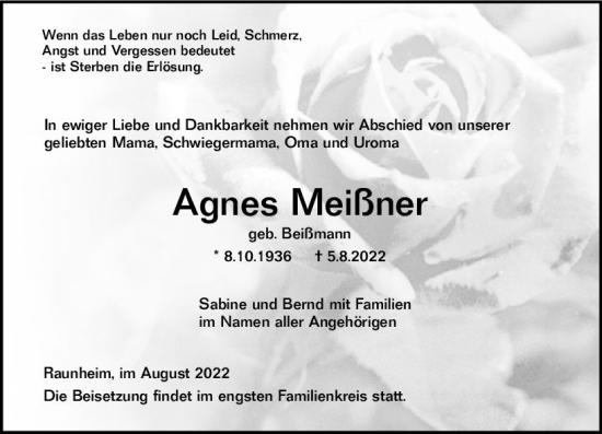 Traueranzeige von Agnes Meißner von vrm-trauer Rüsselsheimer Echo / MainSpitze