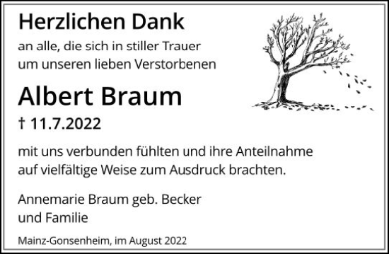 Traueranzeige von Albert Braum von vrm-trauer AZ Mainz