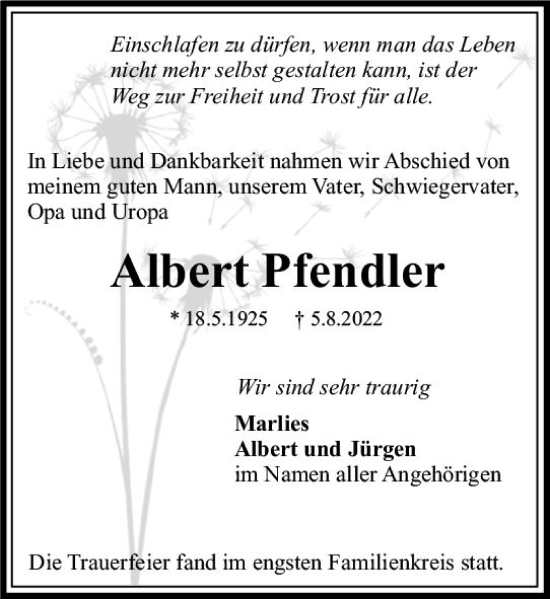 Traueranzeige von Albert Pfendler von vrm-trauer Wiesbadener Kurier