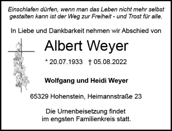 Traueranzeige von Albert Weyer von vrm-trauer WK-UTA