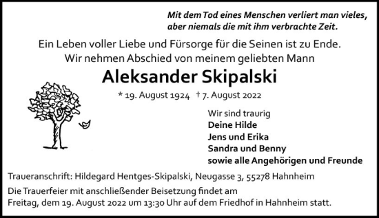 Traueranzeige von Aleksander Skipalski von vrm-trauer AZ Mainz