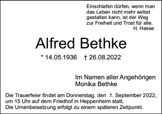 Traueranzeige von Alfred Bethke von vrm-trauer Bürstädter/Lamperth. Ztg/Starkenburger