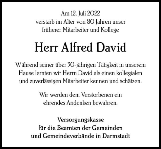 Traueranzeige von Alfred David von vrm-trauer Darmstädter Echo
