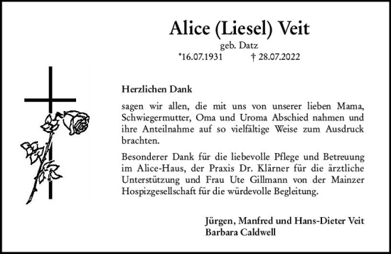 Traueranzeige von Alice Veit von vrm-trauer AZ Mainz
