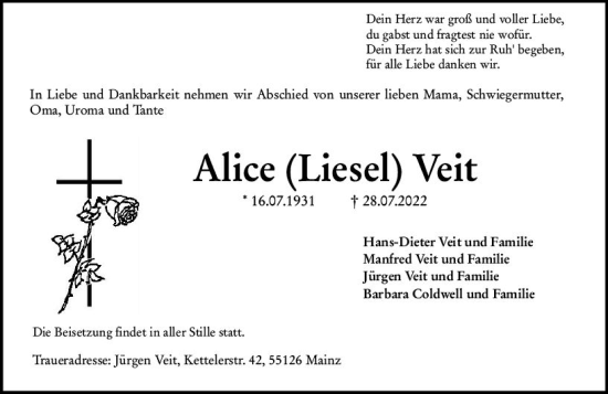 Traueranzeige von Alice Veit von vrm-trauer AZ Mainz