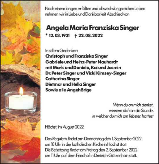 Traueranzeige von Angela Maria Franziska Singer von vrm-trauer Odenwälder Echo