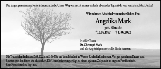 Traueranzeige von Angelika Mark von vrm-trauer Wormser Zeitung