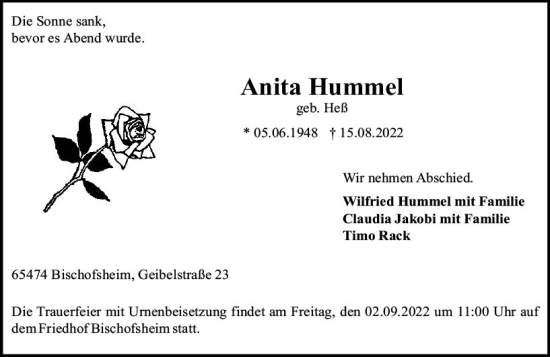 Traueranzeige von Anita Hummel von vrm-trauer AZ Mainz
