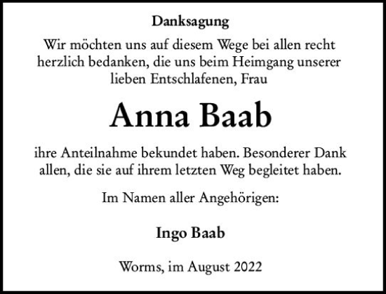 Traueranzeige von Anna Baab von vrm-trauer Wormser Zeitung