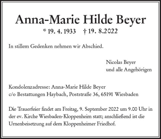 Traueranzeige von Anna-Marie Hilde Beyer von vrm-trauer Wiesbadener Kurier