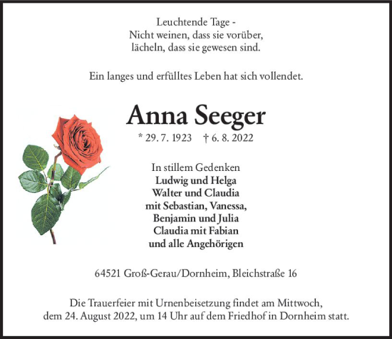 Traueranzeige von Anna Seeger von vrm-trauer Groß-Gerauer Echo