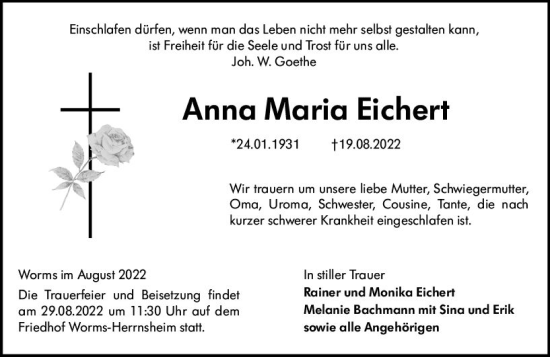 Traueranzeige von Anna Maria Eichert von vrm-trauer Wormser Zeitung