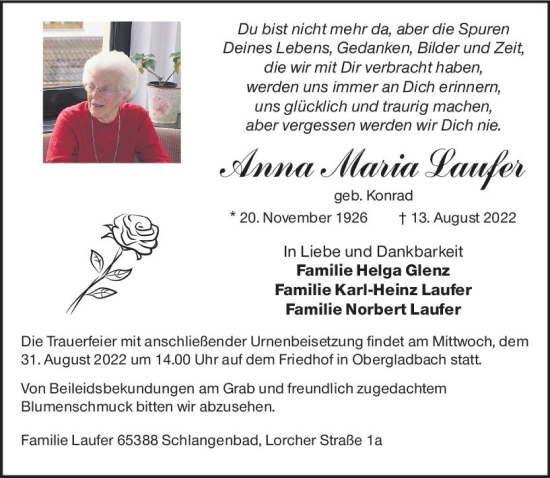 Traueranzeige von Anna Maria Laufer von vrm-trauer Wiesbadener Kurier