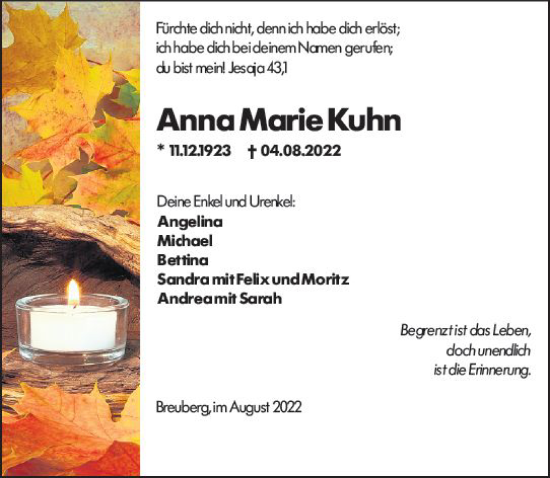 Traueranzeige von Anna Marie Kuhn von vrm-trauer Odenwälder Echo