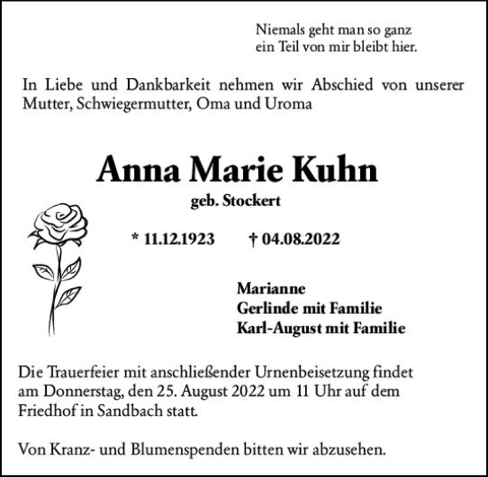 Traueranzeige von Anna Marie Kuhn von vrm-trauer Odenwälder Echo