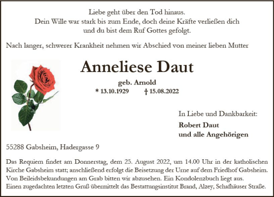 Traueranzeige von Anneliese Daut von vrm-trauer Allgemeine Zeitung Alzey