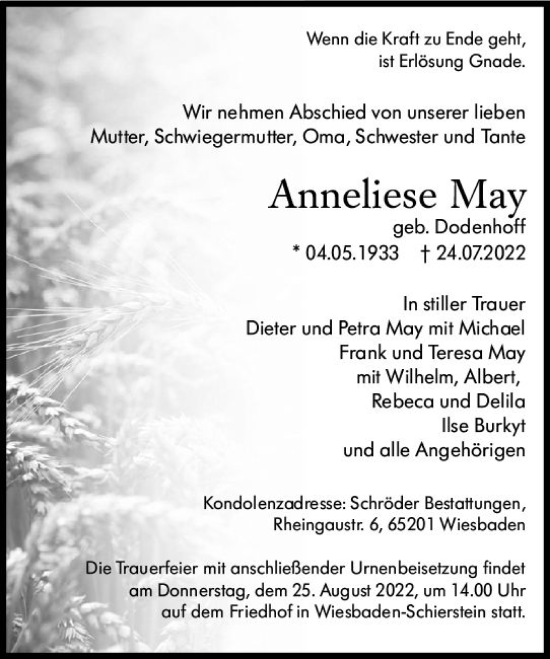 Traueranzeige von Anneliese May von vrm-trauer Wiesbadener Kurier