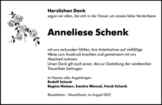 Traueranzeige von Anneliese Schenk von vrm-trauer Rüsselsheimer Echo / MainSpitze