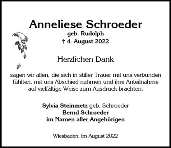 Traueranzeige von Anneliese Schroeder von vrm-trauer Wiesbadener Kurier