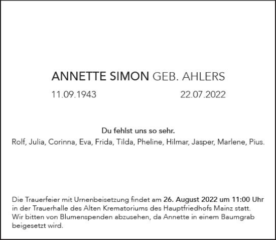 Traueranzeige von Annette Simon von vrm-trauer AZ Mainz
