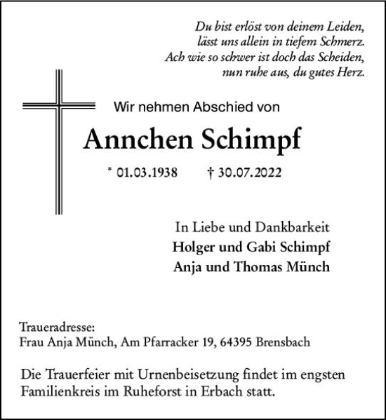 Traueranzeige von Arinchen Schimpf von vrm-trauer Odenwälder Echo