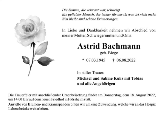 Traueranzeige von Astrid Bachmann von vrm-trauer Rüsselsheimer Echo / MainSpitze