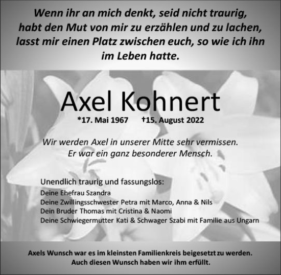 Traueranzeige von Axel Kohnert von vrm-trauer Wiesbadener Kurier