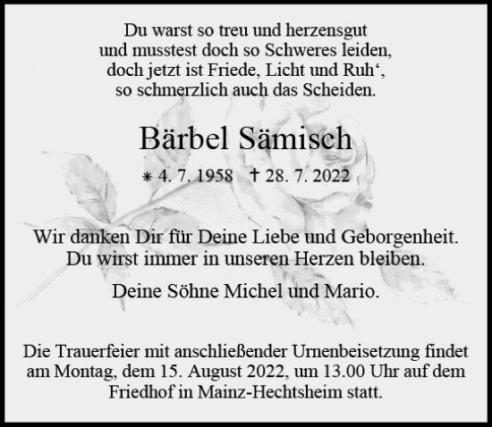 Traueranzeige von Bärbel Sämisch von vrm-trauer AZ Mainz