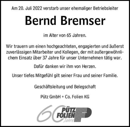 Traueranzeige von Bernd Bremser von vrm-trauer WK-UTA