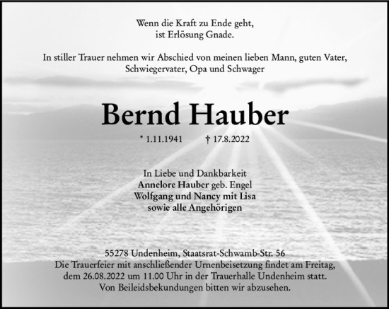 Traueranzeige von Bernd Hauber von vrm-trauer AZ Mainz