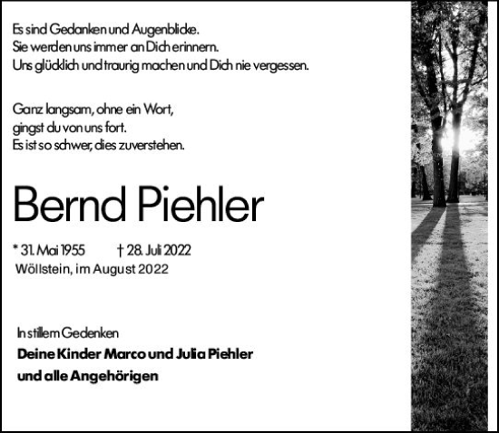 Traueranzeige von Bernd Piehler von vrm-trauer Allgemeine Zeitung Alzey