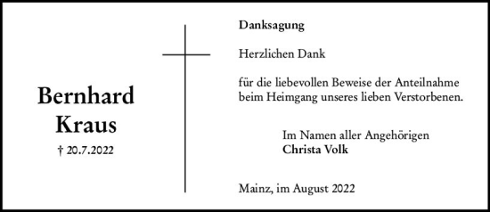 Traueranzeige von Bernhard Kraus von vrm-trauer AZ Mainz