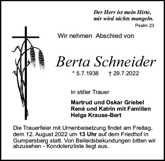 Traueranzeige von Berta Schneider von vrm-trauer Odenwälder Echo