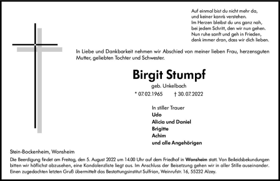 Traueranzeige von Birgit Stumpf von vrm-trauer Allgemeine Zeitung Alzey