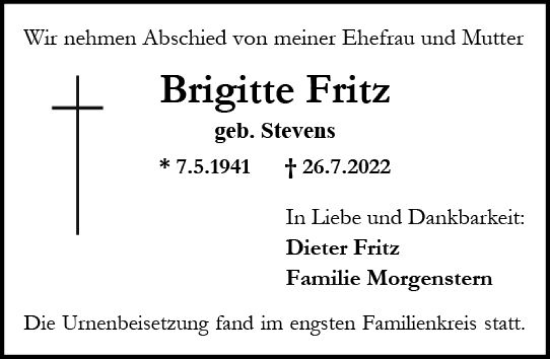 Traueranzeige von Brigitte Fritz von vrm-trauer AZ Mainz