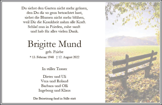 Traueranzeige von Brigitte Mund von vrm-trauer Wiesbadener Kurier