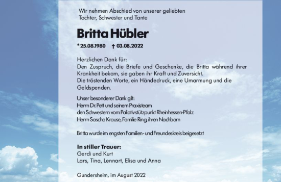 Traueranzeige von Britta Hübler von vrm-trauer Allgemeine Zeitung Alzey