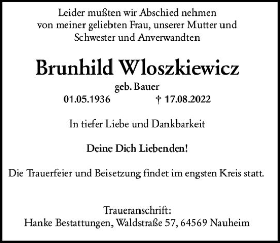 Traueranzeige von Brunhild Wloszkiewicz von vrm-trauer Rüsselsheimer Echo / MainSpitze