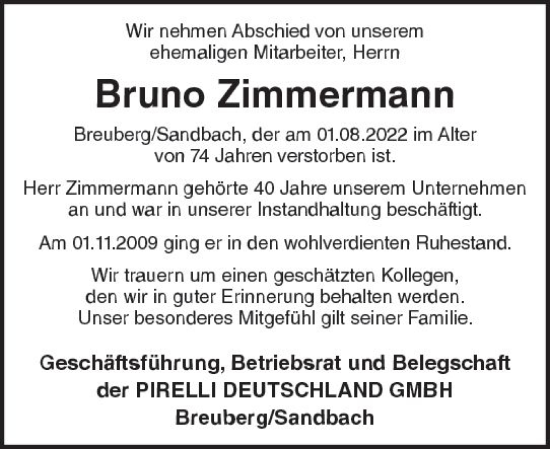 Traueranzeige von Bruno Zimmermann von vrm-trauer Odenwälder Echo