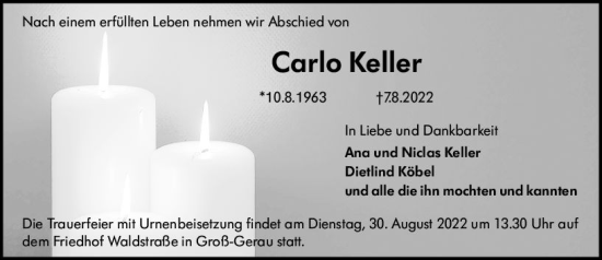 Traueranzeige von Carlo Keller von vrm-trauer Rüsselsheimer Echo / MainSpitze